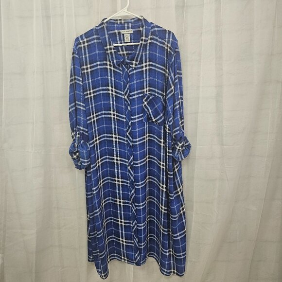 Catherines Blue White Plaid Button Down Shirt Dress Preppy Roll Tab 4X - Picture 9 of 12